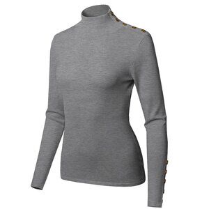Cielo Grey Mock Neck Sweater Gold Button Shoulder Detail Knit Top Women’s Small